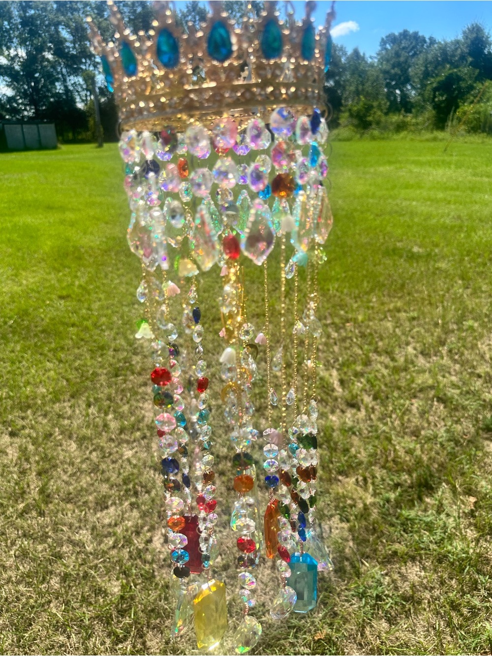 Gold Crystal Crown Beaded Chandelier Sun Catcher- Multicolor Accent